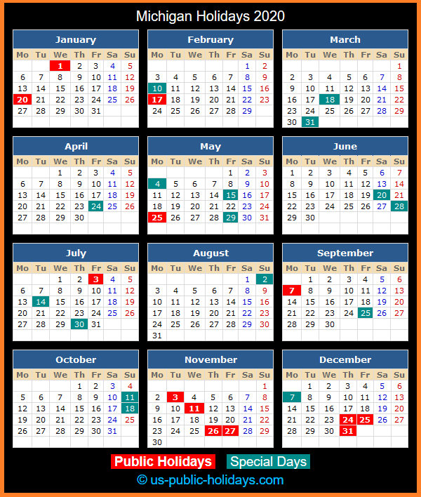 Michigan Holiday Calendar 2020
